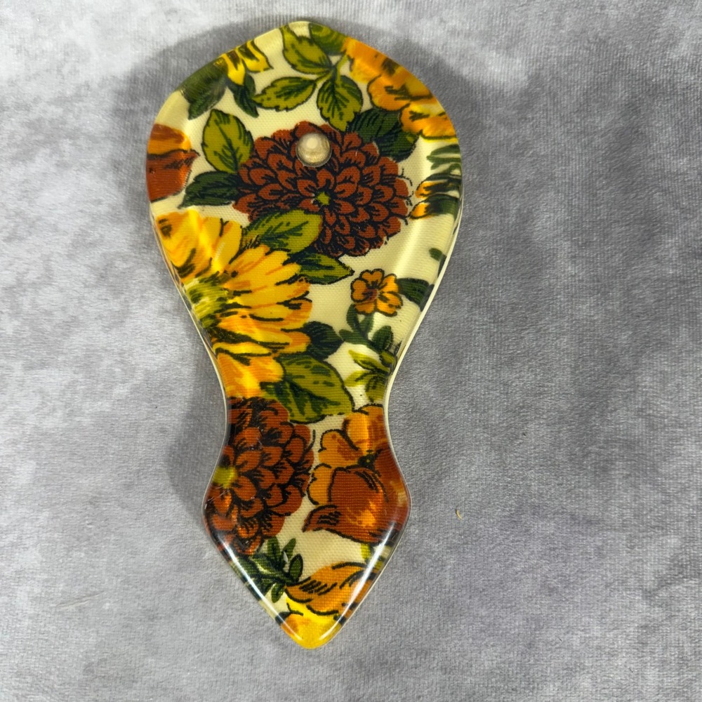 Vtg 60s 70s Floral Acrylic Spoon Rest Orange Yellow Sunflower Retro Kitchenware - Picture 1 of 6